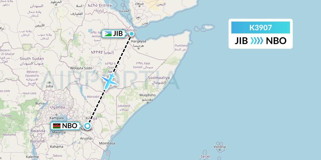 K3907 Taquan Air Flight Map: Djibouti to Nairobi