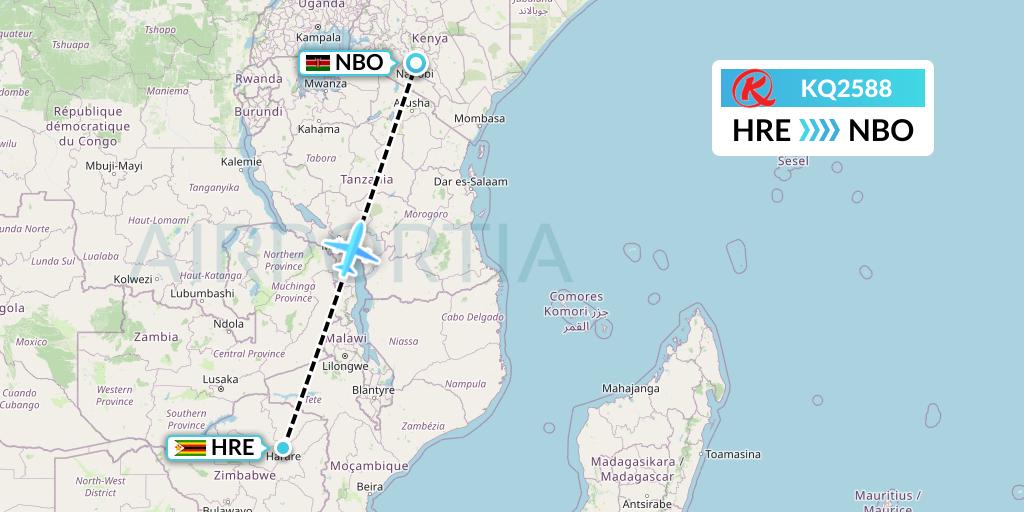 KQ2588 Kenya Airways Flight Map: Harare to Nairobi