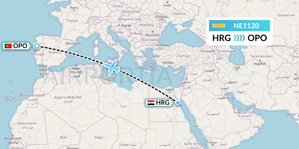 NE1120 Nesma Airlines Flight Map: Hurghada to Porto