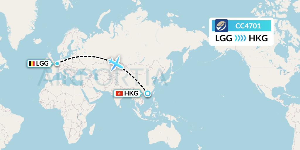CC4701 CM Airlines Flight Map: Liege to Hong Kong