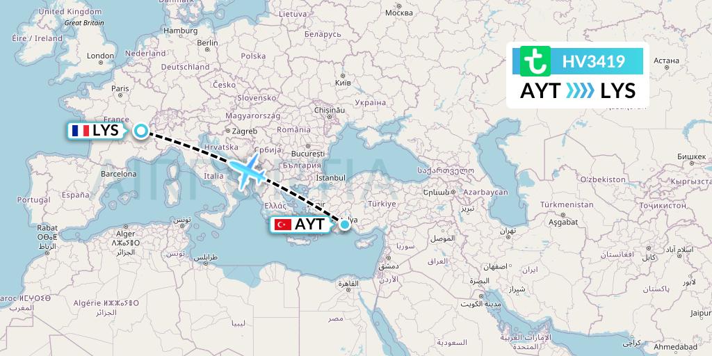 HV3419 Transavia Flight Map: Antalya to Lyon