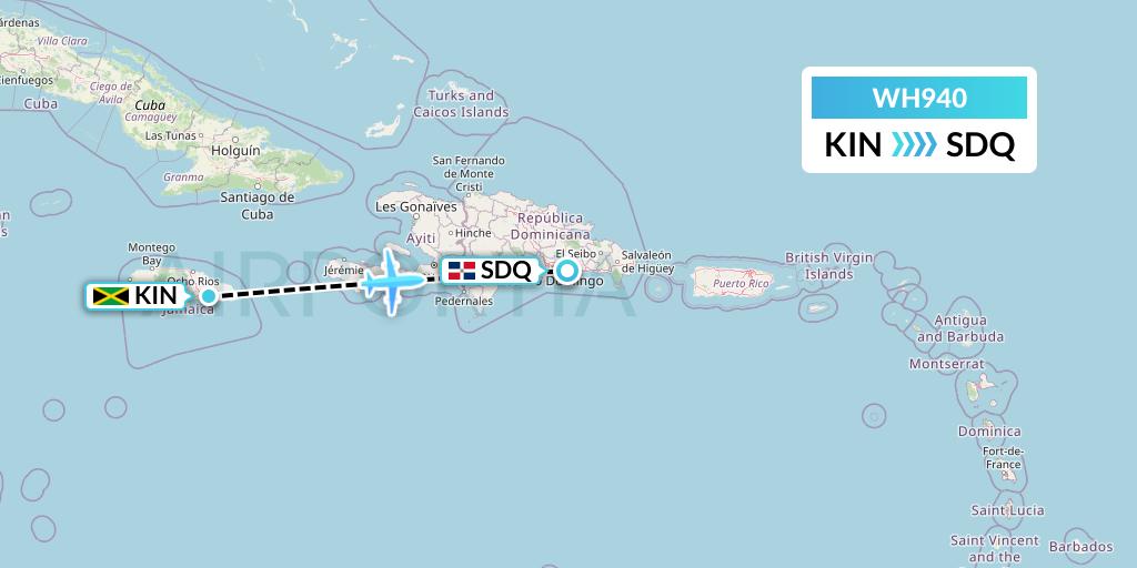 WH940 West African Airlines Flight Map: Kingston to Santo Domingo