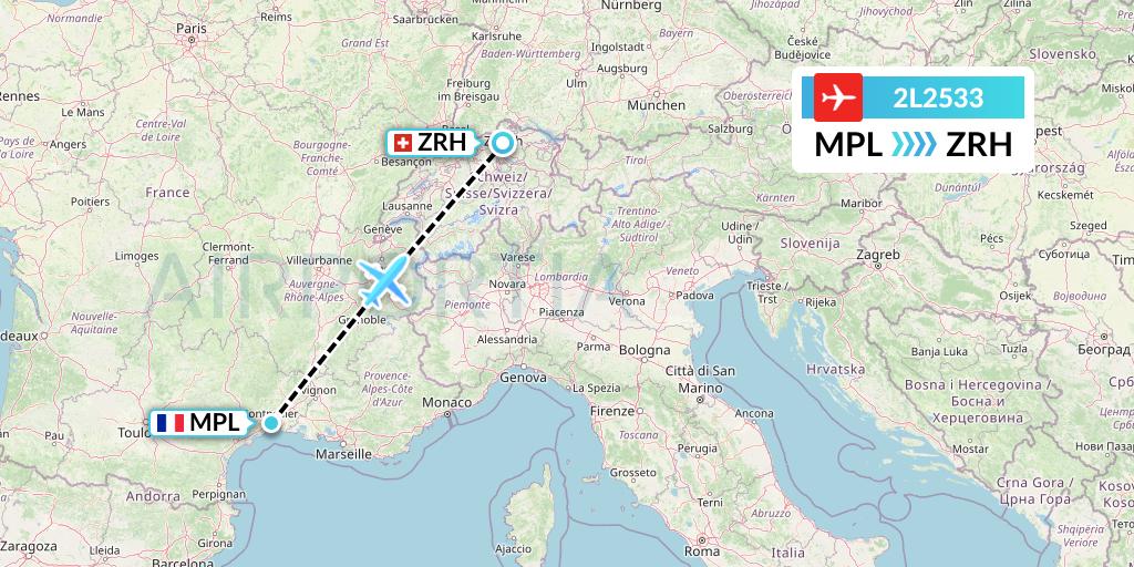 2L2533 Helvetic Airways Flight Map: Montpellier to Zurich