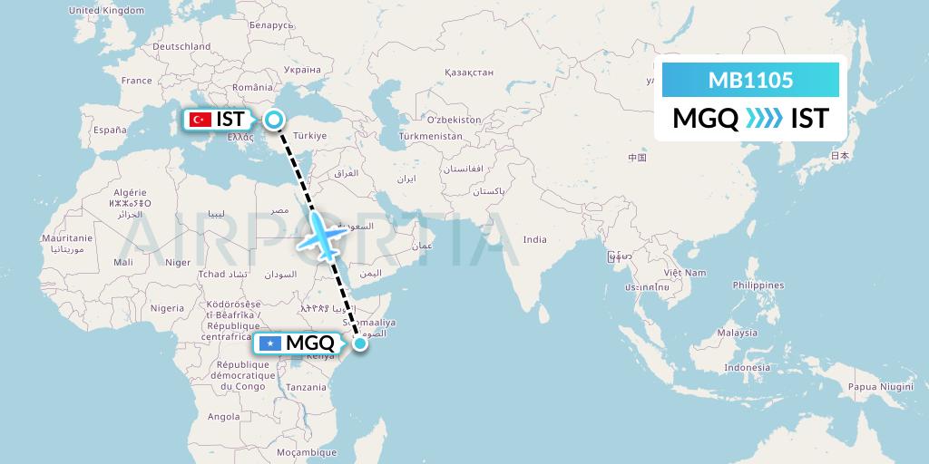 MB1105 MNG Airlines Flight Map: Mogadishu to Istanbul