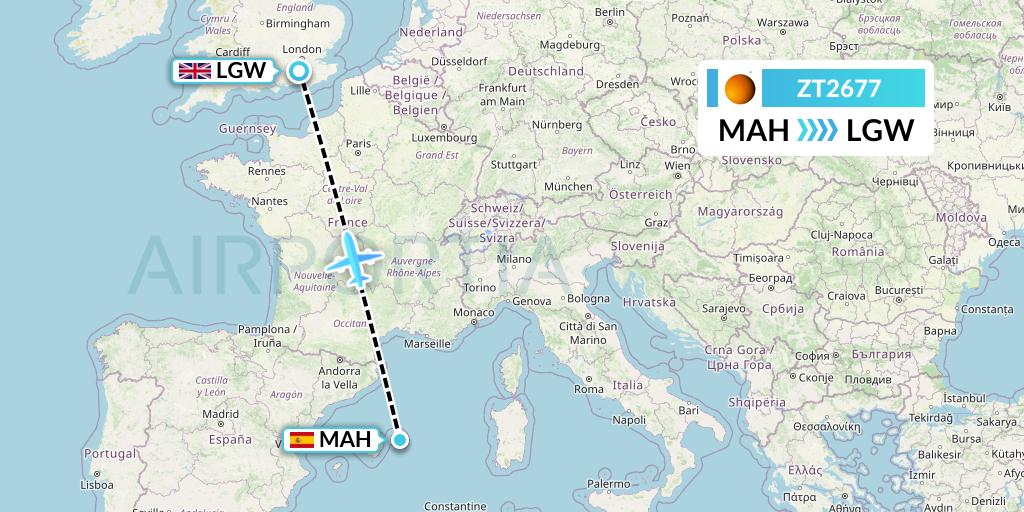 ZT2677 Titan Airways Flight Map: Mahon to London