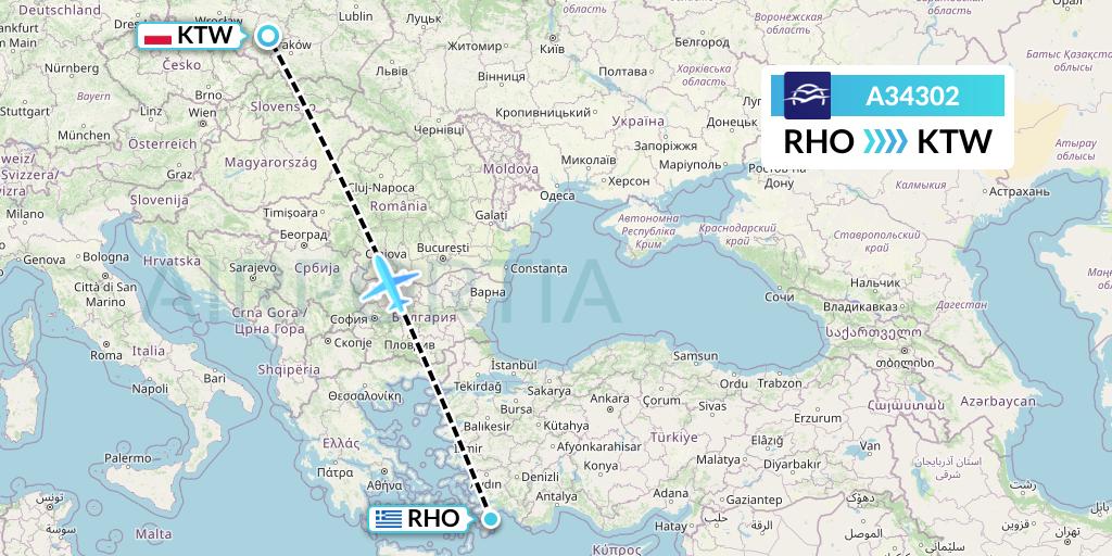 A34302 Aegean Airlines Flight Map: Rhodes to Katowice