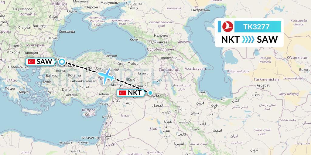 TK3277 Turkish Airlines Flight Map: Sirnak to Istanbul