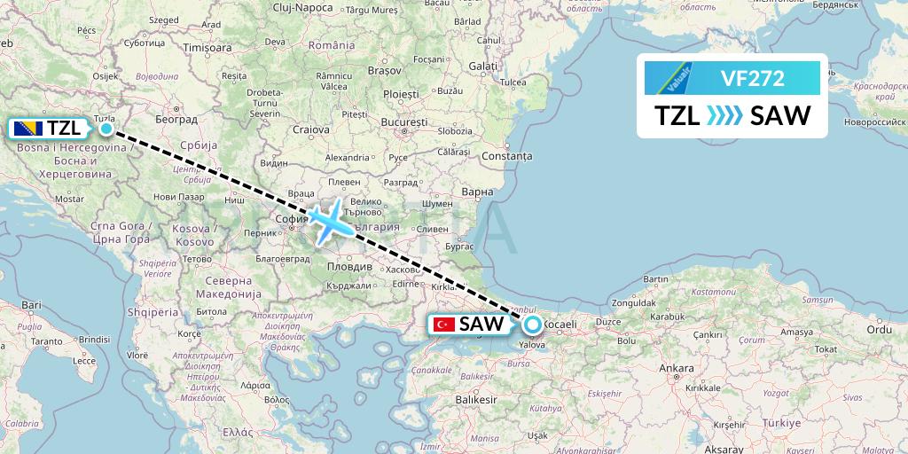 VF272 ValuAir Flight Map: Tuzla to Istanbul
