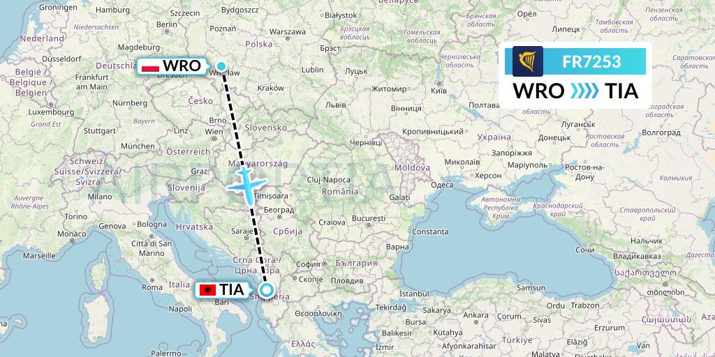 FR7253 Ryanair Flight Map: Wroclaw to Tirana