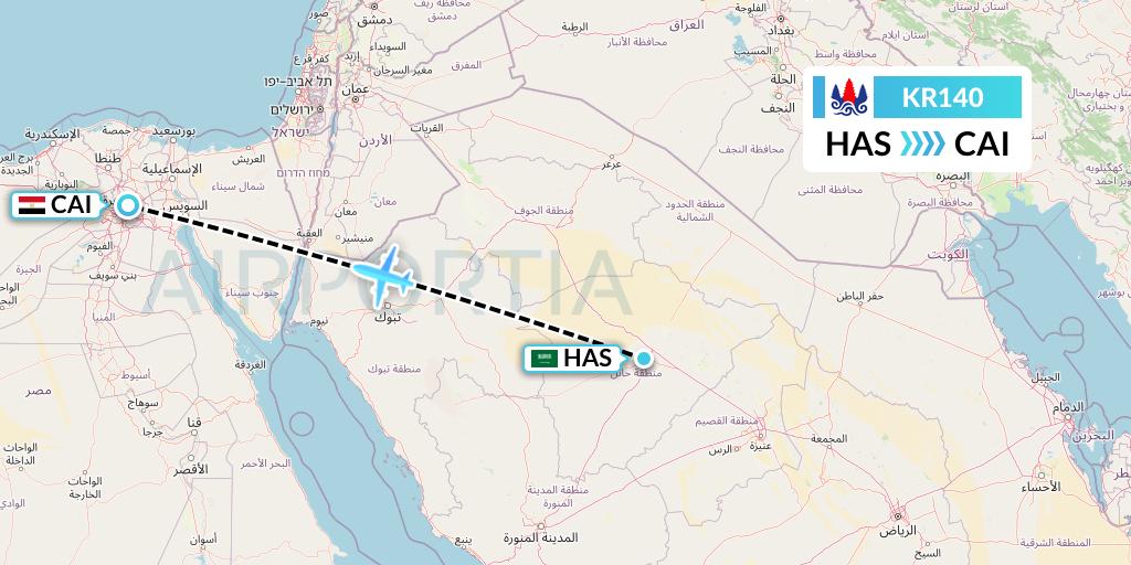 KR140 Cambodia Airways Flight Map: Ha'il to Cairo
