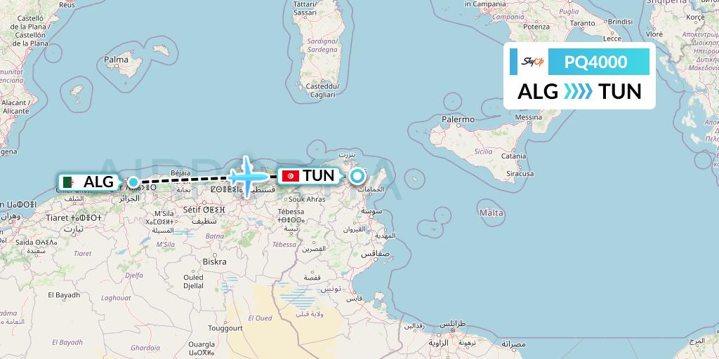 PQ4000 SkyUp Airlines Flight Map: Algiers to Tunis