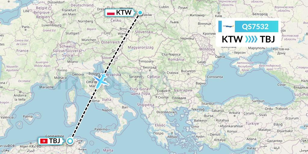 QS7532 Smartwings Flight Map: Katowice to Tabarka