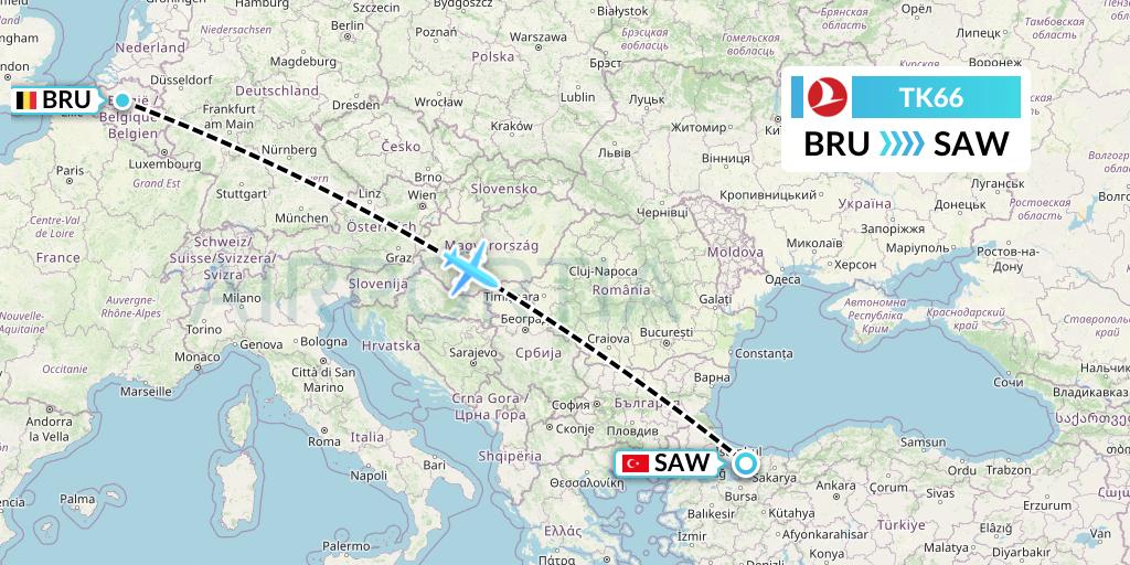 TK66 Turkish Airlines Flight Map: Brussels to Istanbul