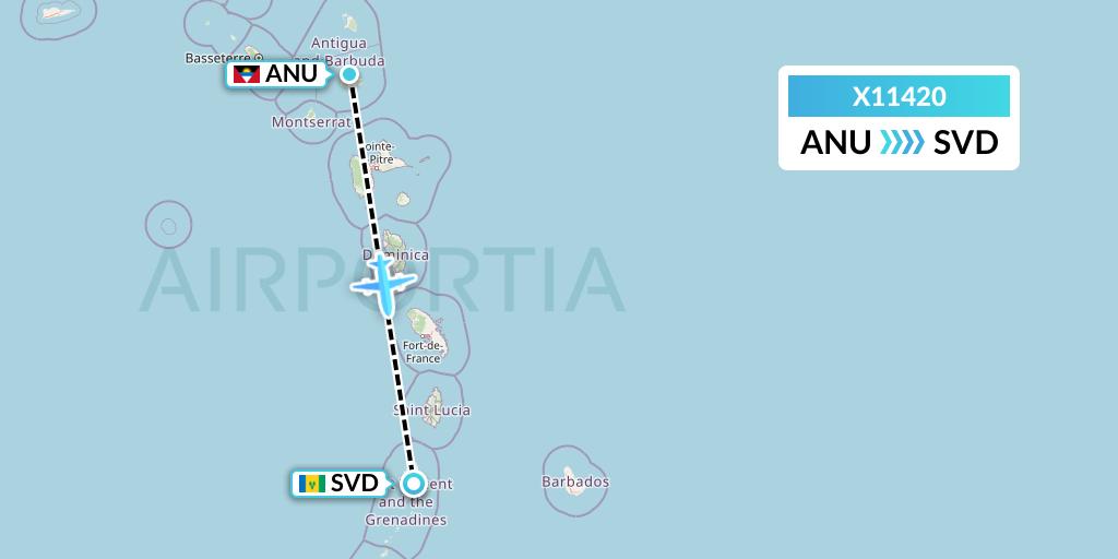 X11420 Nik Airways Flight Map: Antigua to Kingstown