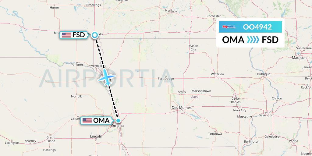 OO4942 SkyWest Airlines Flight Map: Omaha to Sioux Falls