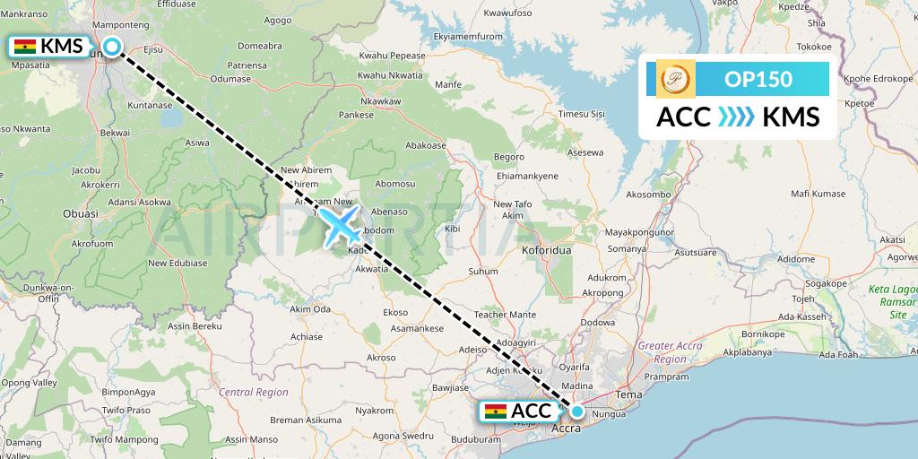 OP150 PassionAir Flight Map: Accra to Kumasi