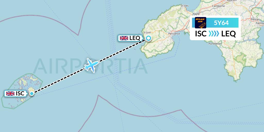 5Y64 Atlas Air Flight Map: Isles Of Scilly to Lands End