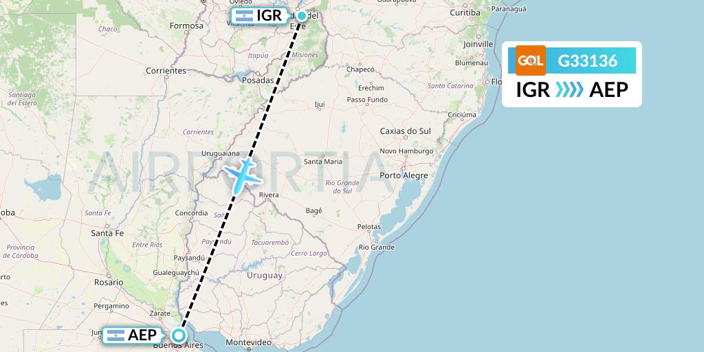 G33136 GOL Transportes Aeros Flight Map: Puerto Iguazu to Buenos Aires