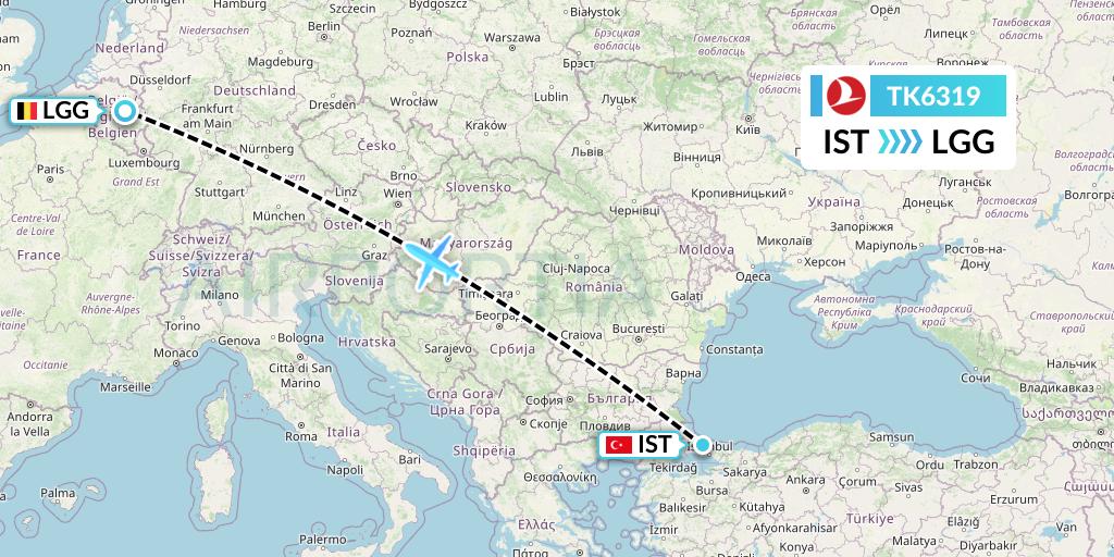 TK6319 Turkish Airlines Flight Map: Istanbul to Liege