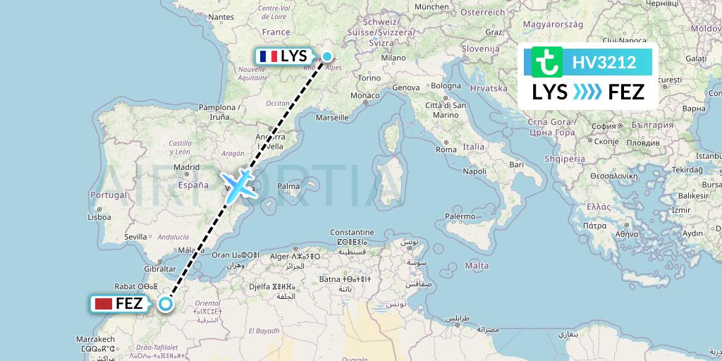 HV3212 Transavia Flight Map: Lyon to Fes