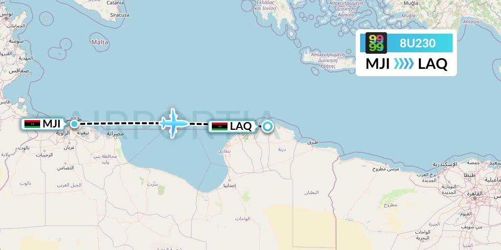 8U230 Afriqiyah Airways Flight Map: Tripoli to Beida
