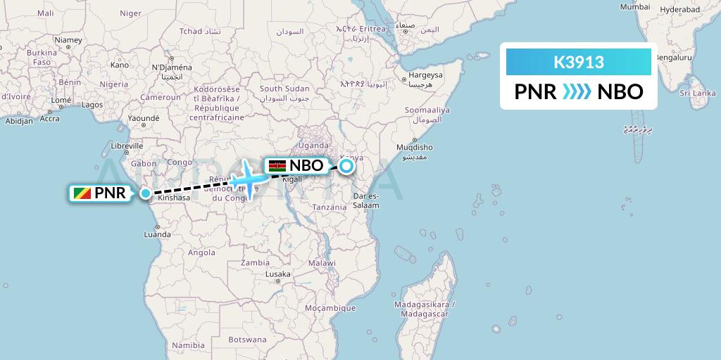 K3913 Taquan Air Flight Map: Pointe Noire to Nairobi