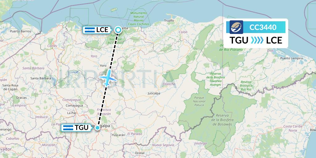 CC3440 CM Airlines Flight Map: Tegucigalpa to La Ceiba