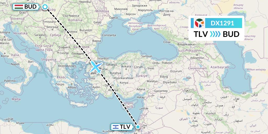 DX1291 Danish Air Transport Flight Map: Tel Aviv to Budapest
