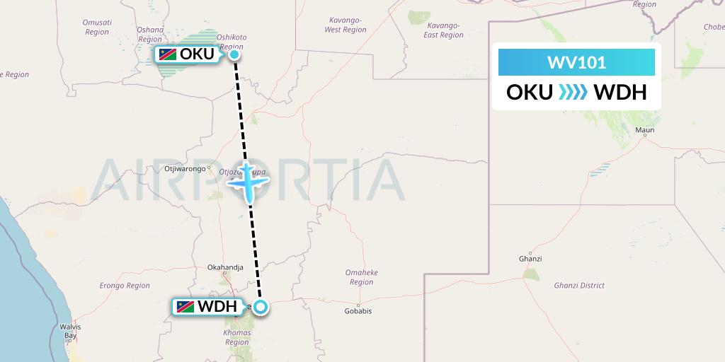 WV101 Flynamibia Flight Map: Mokuti Lodge to Windhoek