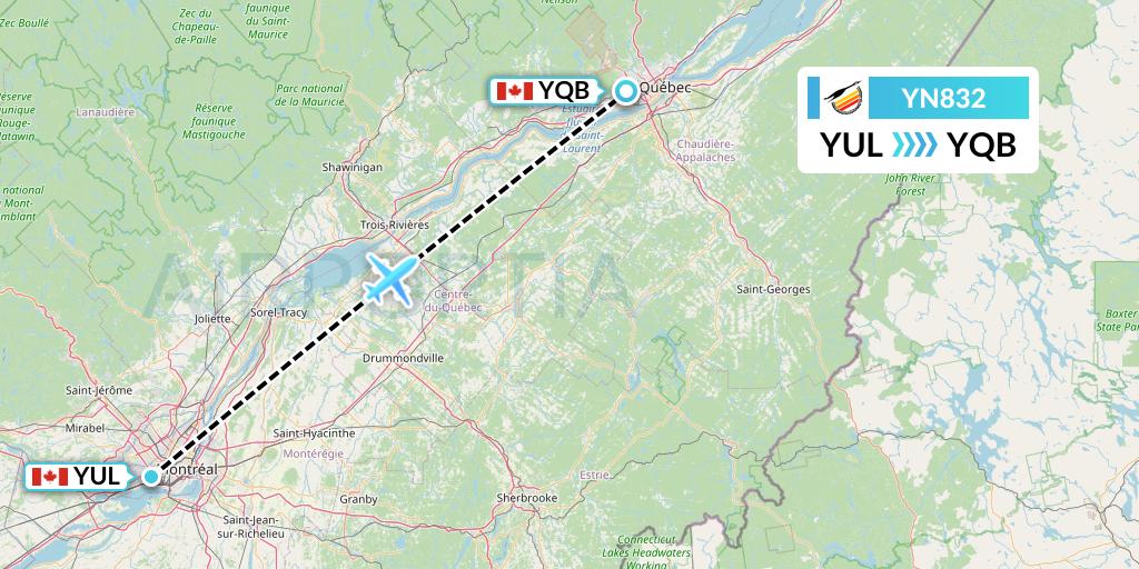 YN832 Air Creebec Flight Map: Montreal to Quebec