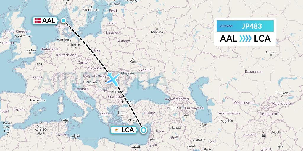 JP483 Adria Airways Flight Map: Aalborg to Larnaca