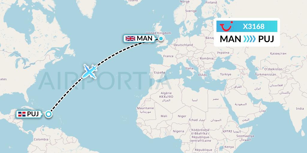 X3168 TUI fly Germany Flight Map: Manchester to Punta Cana