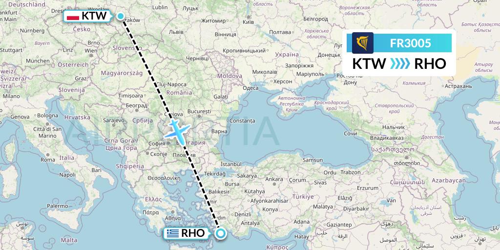 FR3005 Ryanair Flight Map: Katowice to Rhodes