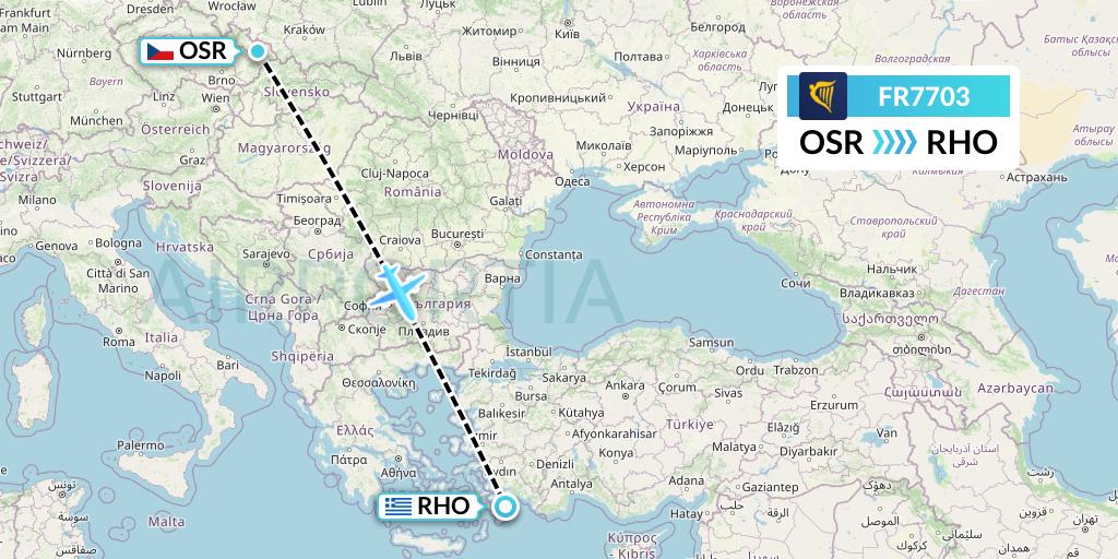 FR7703 Ryanair Flight Map: Ostrava to Rhodes