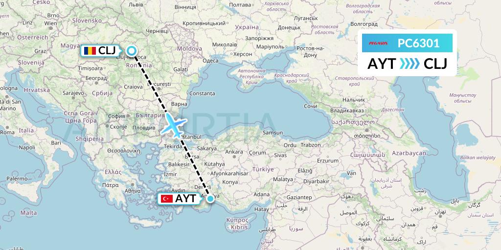PC6301 Pegasus Airlines Flight Map: Antalya to Cluj-Napoca
