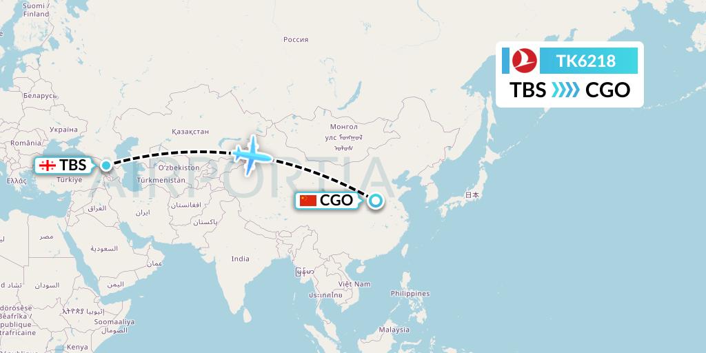 TK6218 Turkish Airlines Flight Map: Tbilisi to Zhengzhou