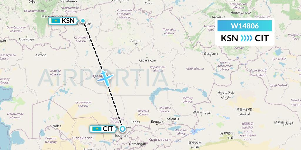 W14806 World Ticket Ltd Flight Map: Kostanay to Shymkent