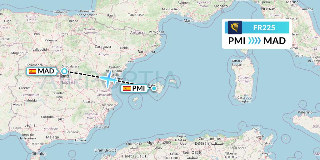 FR225 Ryanair Flight Map: Palma de Mallorca to Madrid