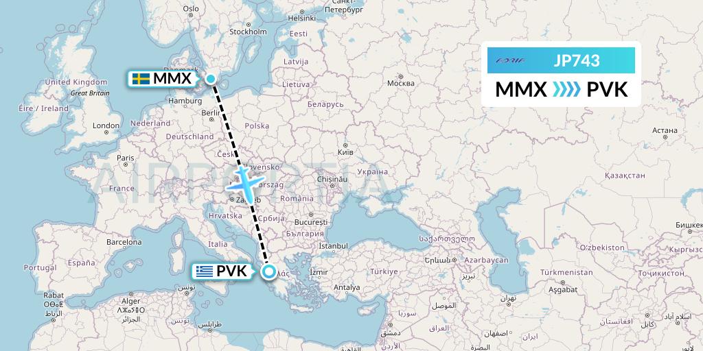JP743 Adria Airways Flight Map: Malmo to Preveza