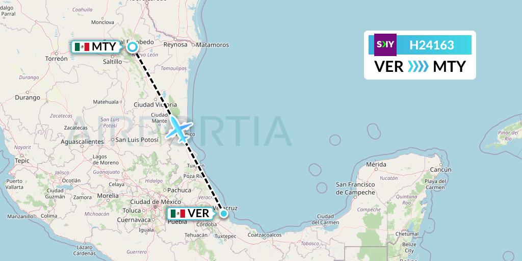 H24163 Sky Airline Flight Map: Veracruz to Monterrey