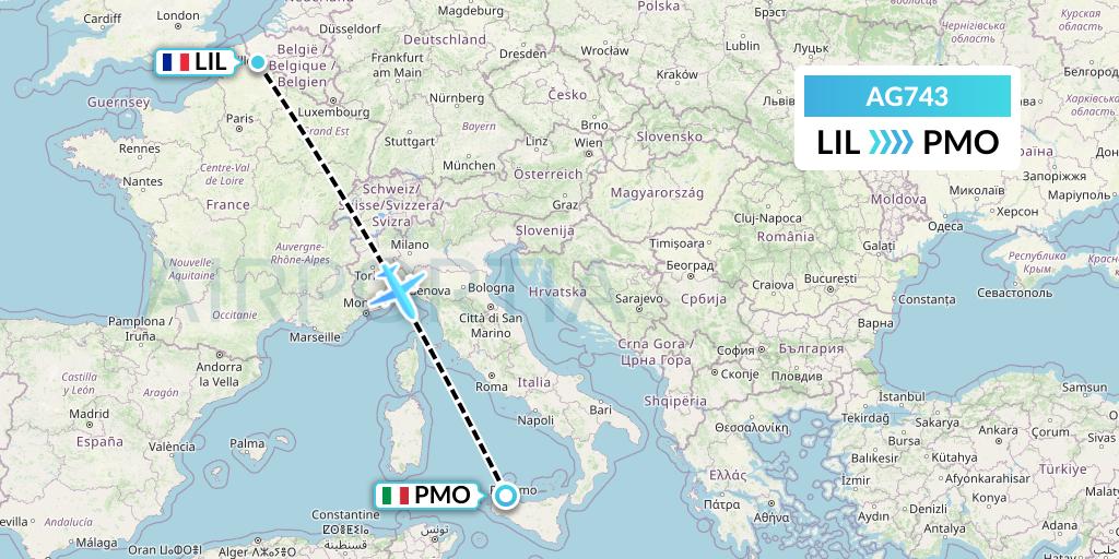 AG743 Aruba Airlines Flight Map: Lille to Palermo