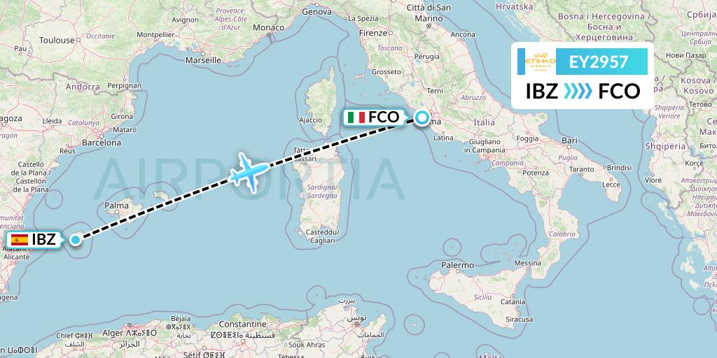 EY2957 Etihad Airways Flight Map: Ibiza to Rome