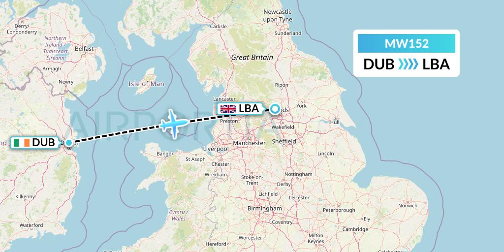 MW152 Mokulele Flight Service Flight Map: Dublin to Leeds