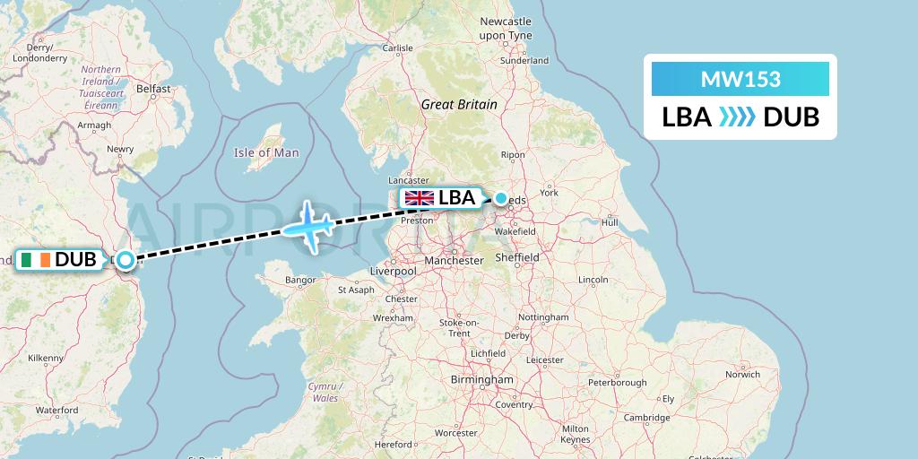 MW153 Mokulele Flight Service Flight Map: Leeds to Dublin