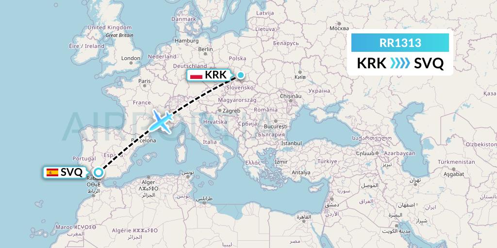 RR1313 Royal Air Force Flight Map: Krakow to Seville