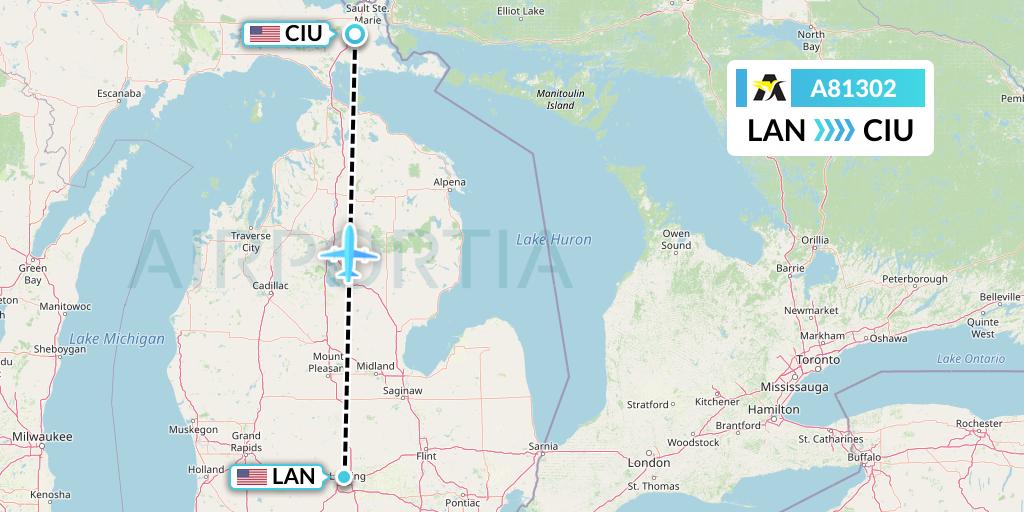A81302 Aerolink Uganda Flight Map: Lansing to Sault Sainte Marie