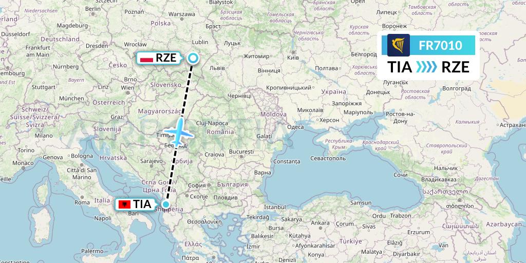FR7010 Ryanair Flight Map: Tirana to Rzeszow