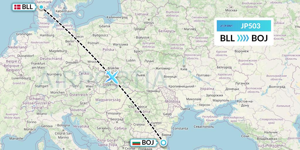 JP503 Adria Airways Flight Map: Billund to Burgas