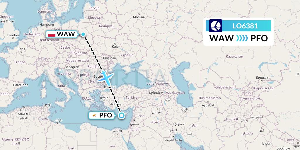 LO6381 LOT Flight Map: Warsaw to Pafos