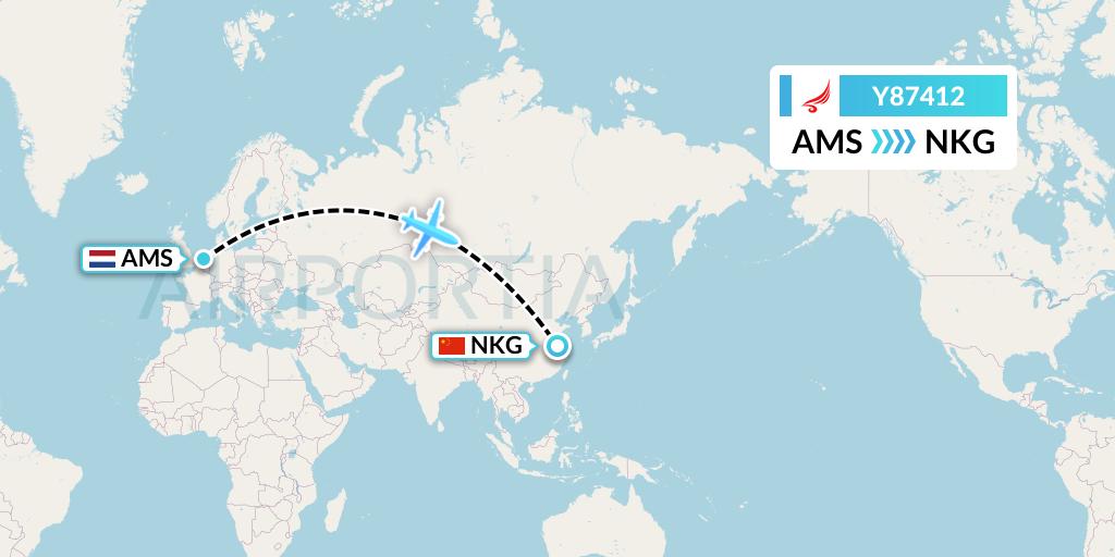Y87412 Yangtze River Express Flight Map: Amsterdam to Nanjing